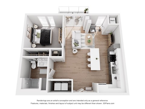A 3D floor plan of a small apartment with a kitchen, living room, and bedroom.
